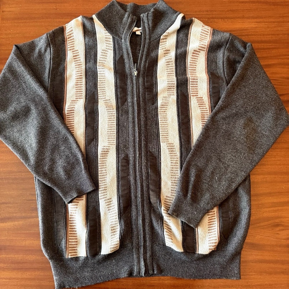 Silver Silk Full Zip Sweater Jacket Men's XL Brown Textured‎ Knit Microsuede